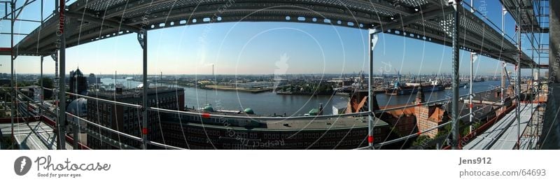Hamburg container port Construction site Scaffold Wide angle Panorama (View) Downtown Industrial district High-rise Aluminium Rod Harbor city Harbour Elbe Sky