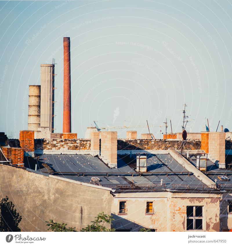 Schlöte Cloudless sky Prenzlauer Berg Factory Window Antenna Satellite dish Fire wall Above Nostalgia Symmetry Environmental pollution Transience Roof Chimney