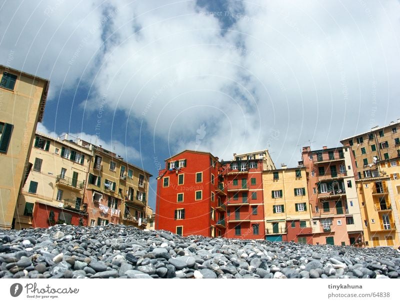 Camogli Liguria Italy Beach Pebble House (Residential Structure) Multicoloured Mediterranean Balcony Narrow Worm's-eye view Clothesline Sky Old Old town