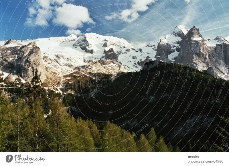 Marmolada Glacier Forest Clouds White Mountain Rock Snow Ice Blue