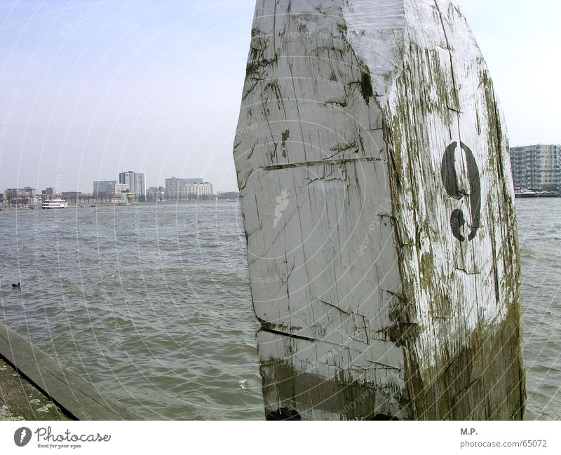 Maas view Ocean 9 Typography White Town Digits and numbers Wood Beach Netherlands Rotterdam River Water Pole Coast Sky