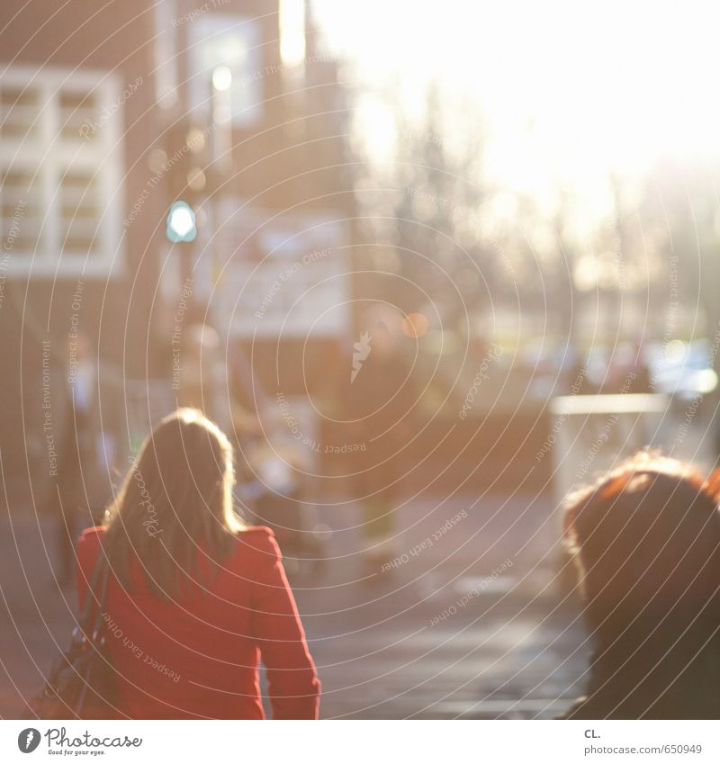 IT'S GREEN. Closing time Human being Feminine Woman Adults Group Town Transport Traffic infrastructure Road traffic Pedestrian Street Lanes & trails