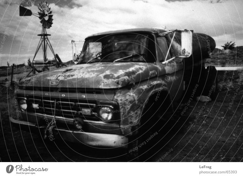 Somewhere in the Pampa of Argentina Car ford Black & white photo Old Pick-up truck Wind energy plant