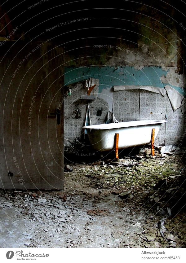 bath trip Bathroom Room Devastated Chaos Dirty Bathtub Rustic Building rubble Trash Wallpaper Broken Grief Loneliness Untidy Harmful Interior shot Creepy