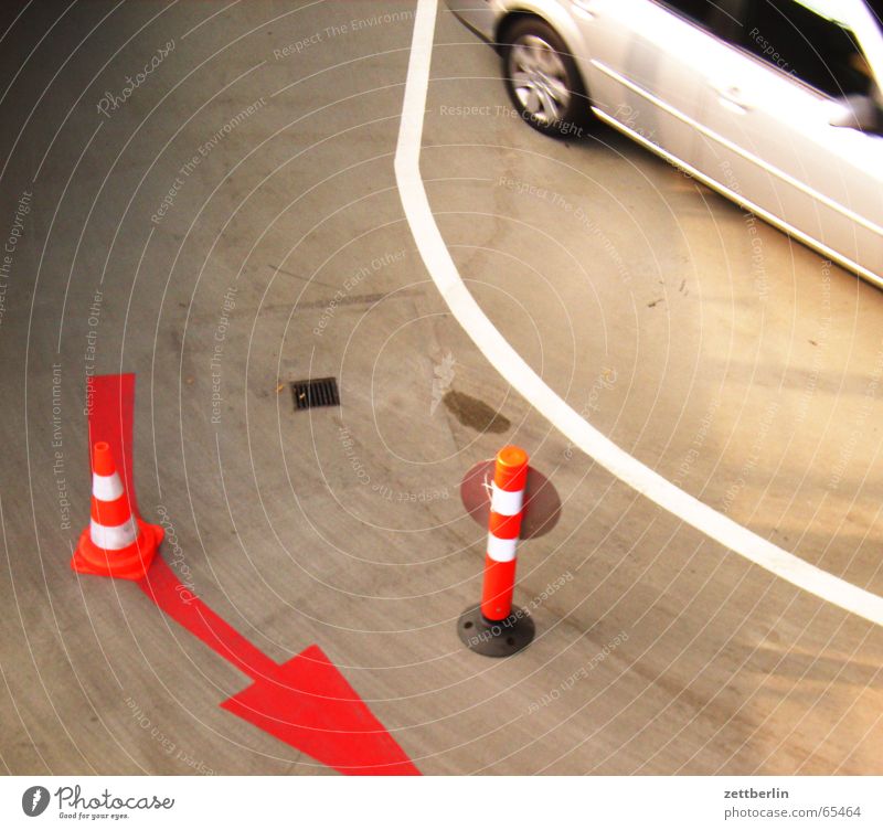 underground car park Underground garage Garage Wartburg castle Lane markings Red White Car lada other Traffic cone Arrow Line