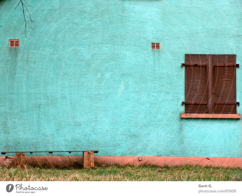 all facade Facade Window Shutter Brown Turquoise Derelict Grubby Wooden bench Window board Paintwork Plaster Multicoloured Grass Meadow Dirty Bench roughcast