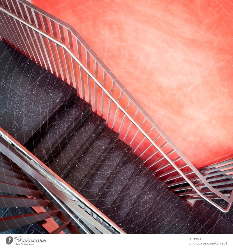 down Style Interior design Wall (barrier) Wall (building) Stairs Staircase (Hallway) Banister Modern Red Black Descent Downward Colour photo Interior shot