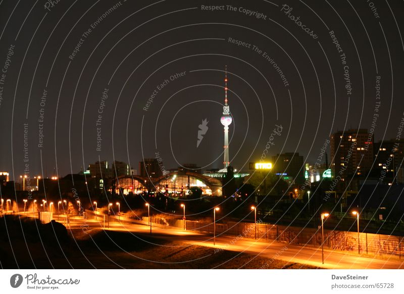 Warsaw Bridge Night Light Town Dark Friedrichshain Lantern Evening sun Summer Summer evening Berlin Berlin TV Tower Street Middle Sky