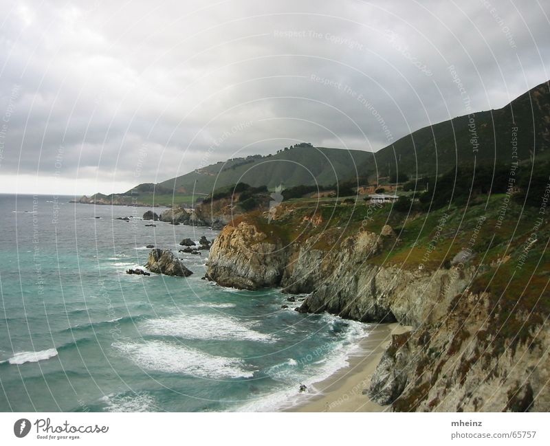 Pacific Coast from US Highway 1 Pacific Ocean Cliff Bad weather Waves Coastal road Beach Clouds