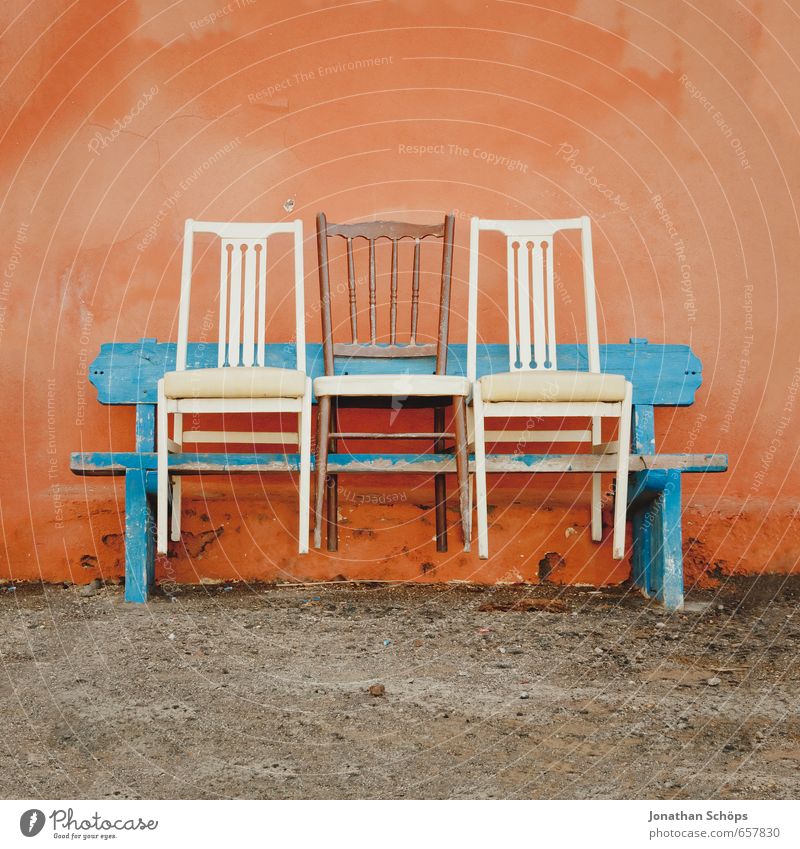 bench seating Facade Blue Orange White Multicoloured Colour Colour palette Bench Chair Row of chairs 3 Wall (building) Spain Tenerife Canaries Southern Warmth