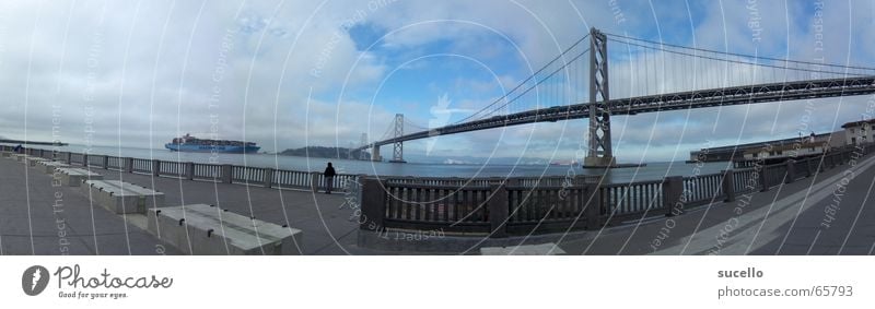 View on Bay Bridge from Embacadero California San Francisco Cargo-ship Panorama (View) Wide angle treasure island Island Container ship Harbour Large