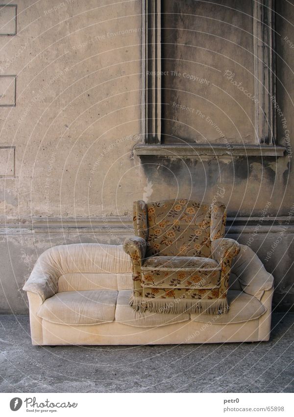 Two seater Wall (building) House (Residential Structure) Derelict Armchair Sofa Pattern Flower Flowery pattern Worn out Ruin Window Plaster Dirty Shabby