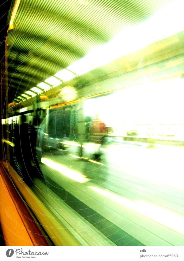 Travelling by train lV Vacation & Travel Depart Come Arrival Platform Station Journey through Light blurriness motion blur Speed Railroad Transport In transit