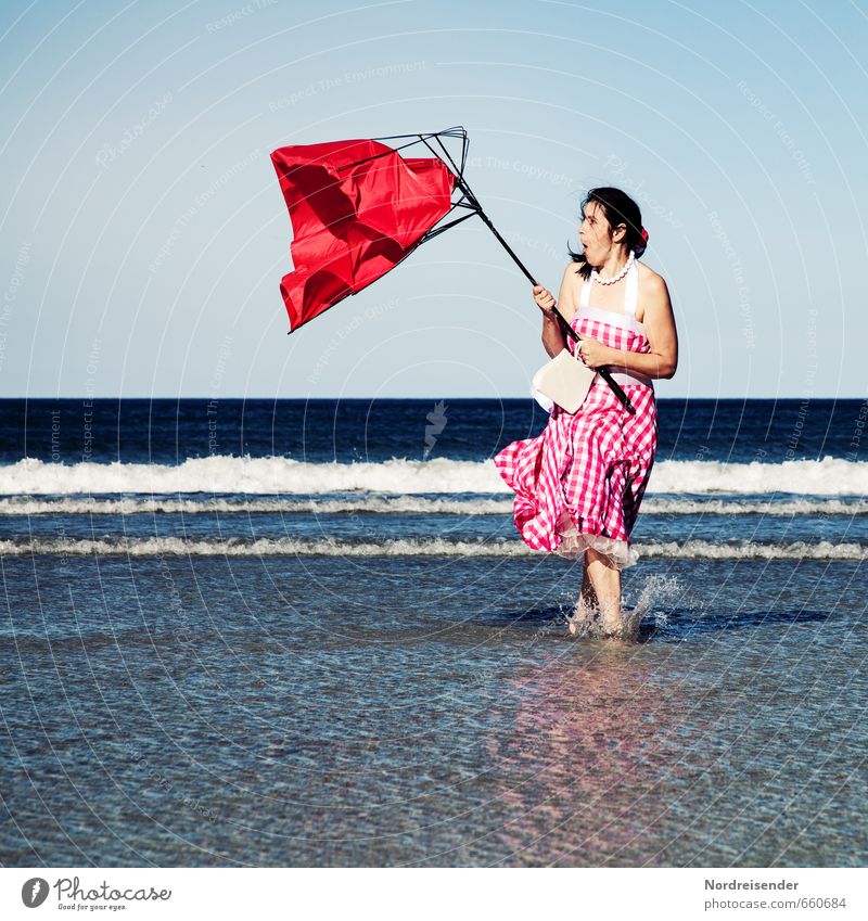 Scurrile scene on the beach Lifestyle Style Joy Summer Beach Ocean Human being Feminine Woman Adults Water Wind Gale coast Dress Bag Umbrella Friendliness