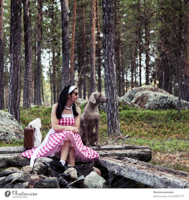 Woman in Dirndl and Weimaraner hunting dog Lifestyle Elegant Style Joy Happy Relaxation Vacation & Travel Human being Feminine Adults 1 Forest Fashion Clothing