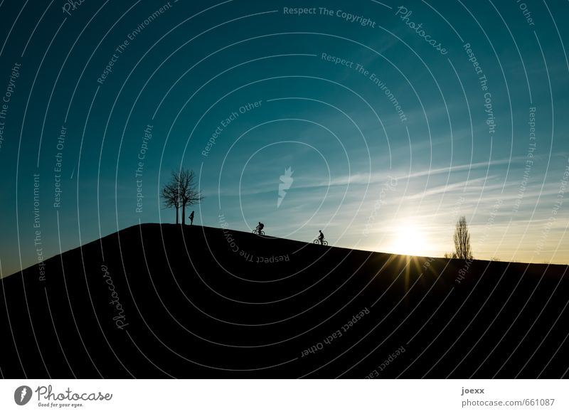 summit Leisure and hobbies Human being 3 Landscape Sky Clouds Sun Sunrise Sunset Sunlight Beautiful weather Tree Hill Cycling Driving Stand Horizon