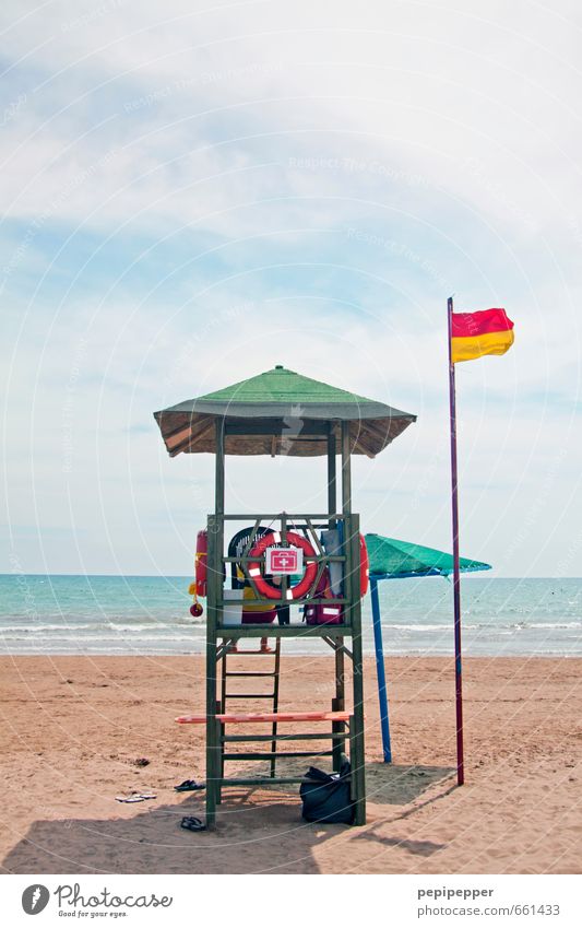 lifeguard Vacation & Travel Tourism Far-off places Summer Summer vacation Sunbathing Beach Ocean Waves Aquatics Swimming & Bathing Workplace Hut Binoculars Flag