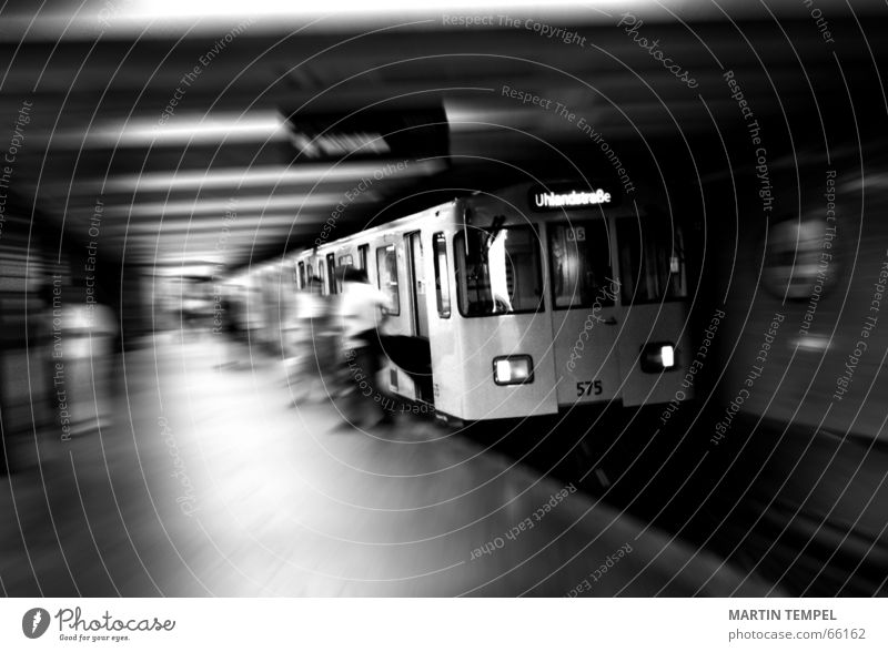 subway to uhlandstrasse Black & white photo Interior shot Copy Space bottom Motion blur Shallow depth of field Wide angle Technology Town Transport