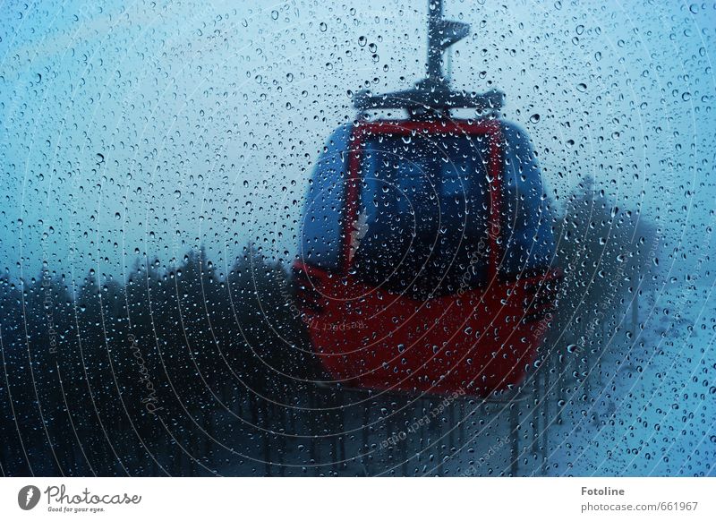 Winter was yesterday Nature Landscape Elements Water Drops of water Sky Plant Tree Forest Cold Wet Blue Red Gondola Cable car Colour photo Subdued colour
