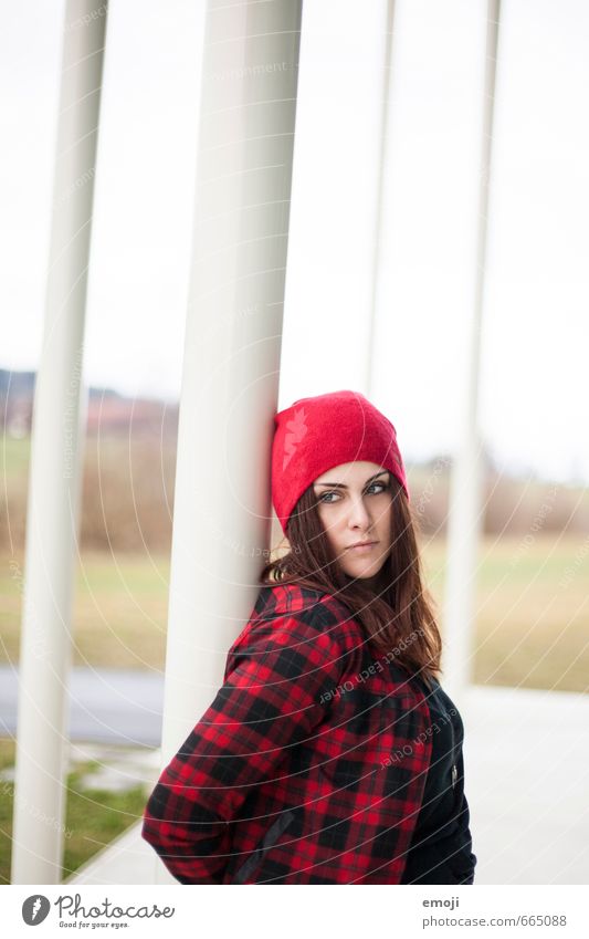 red riding hood Feminine Young woman Youth (Young adults) 1 Human being 18 - 30 years Adults Shirt Cap Hip & trendy Red Checkered Colour photo Exterior shot Day