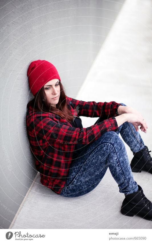 plaid Feminine Young woman Youth (Young adults) 1 Human being 18 - 30 years Adults Shirt Cap Hip & trendy Gray Red Checkered Sit Cool (slang) Colour photo