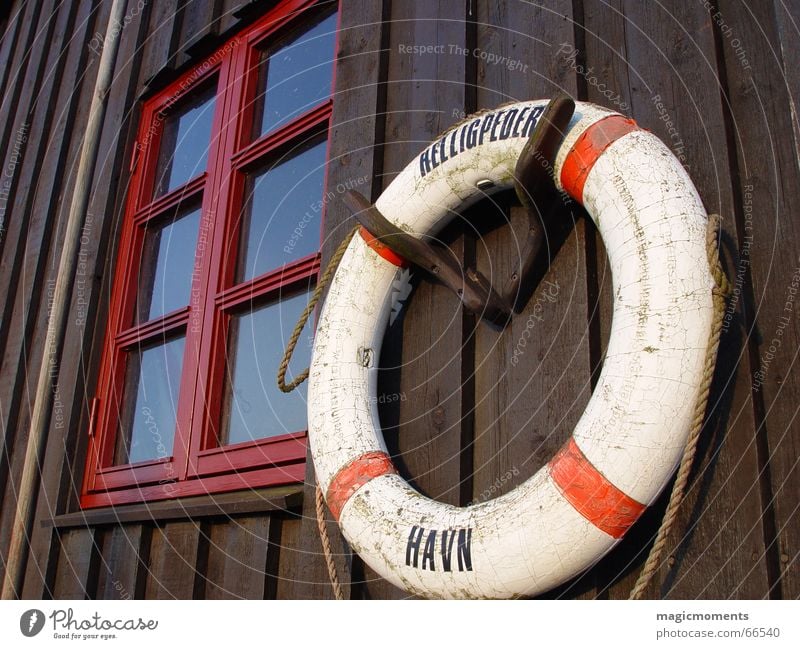 salvation Bornholm Window Rescue Life belt Red House (Residential Structure) Wood Brown Round Circle Harbour
