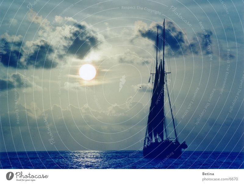 sailboat Colour photo Exterior shot Evening Twilight Sunbeam Sunrise Sunset Back-light Vacation & Travel Tourism Far-off places Cruise Ocean Sailing Nature