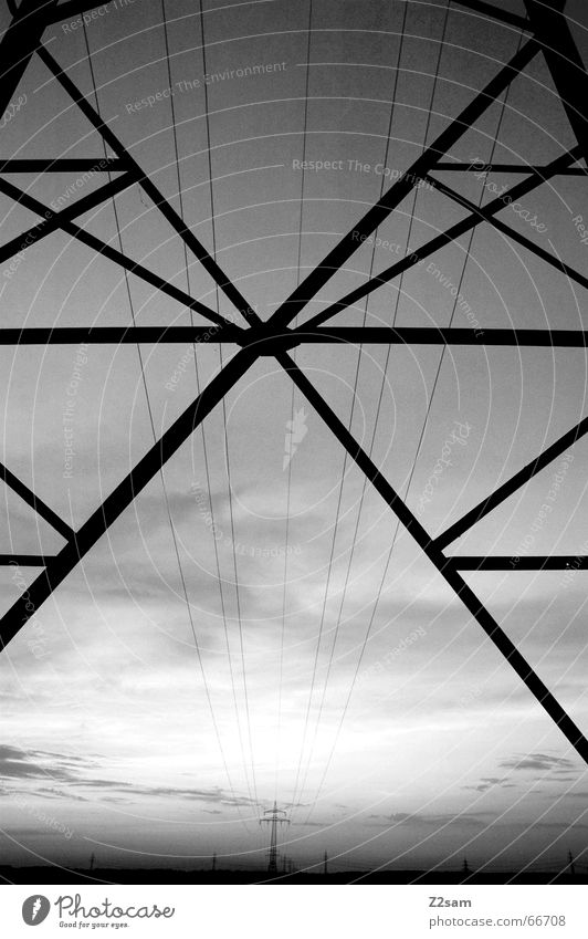 from one to the other Electricity Electricity pylon Line Field Geometry Black & white photo way Perspective Middle