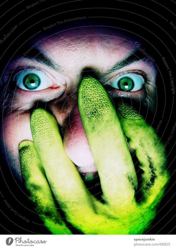 FREAK Man Evil Anger Portrait photograph Freak Fear Alarming Dark Black Crazy Green Gloves Yellow Face Looking Human being Eyes rubber glove