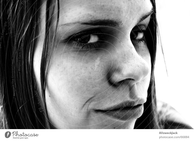 The Schnute Woman Freckles Portrait photograph Dark Skeptical Disappointment Black & white photo Face Hair and hairstyles Mouth raised eyebrow Disbelief
