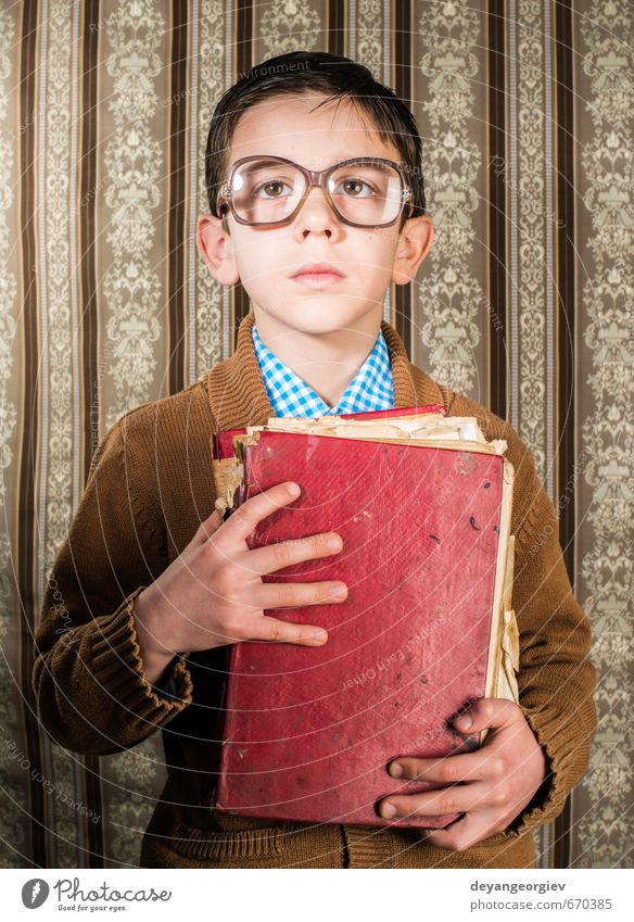 Child with glasses hold red vintage book Reading School Human being Boy (child) Father Adults Infancy Book Old Historic Retro Black White Photography people