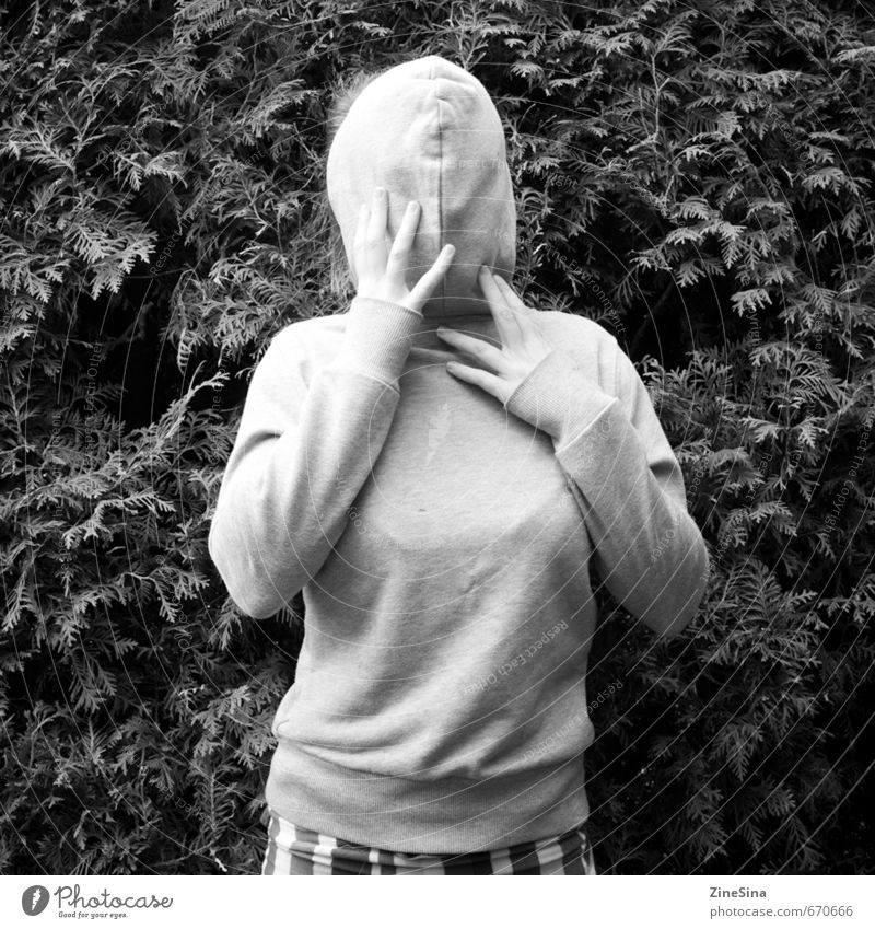oops Feminine Young woman Youth (Young adults) 1 Human being 18 - 30 years Adults Nature Summer Hedge Garden Park Sweater Hooded (clothing) Life Curiosity