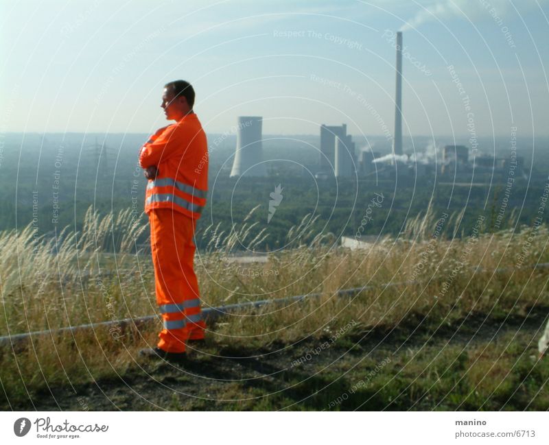 orange Services Energy industry Man Adults 1 Human being Orange Horizon Slagheap The Ruhr Colour photo Exterior shot Day Panorama (View)