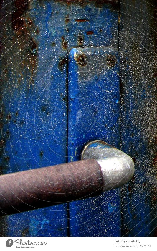 handle Door handle Rough Screw Old Doorknob Paintwork Gate Rust Wing of a door Detail Blue Metal metal coating