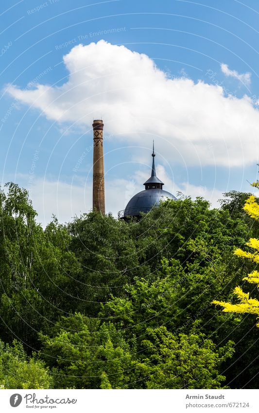 Old water tower and chimney behind tree tops, Berlin Industry Infrastructure Architecture Environment Clouds Sunlight Summer Beautiful weather Tree Park