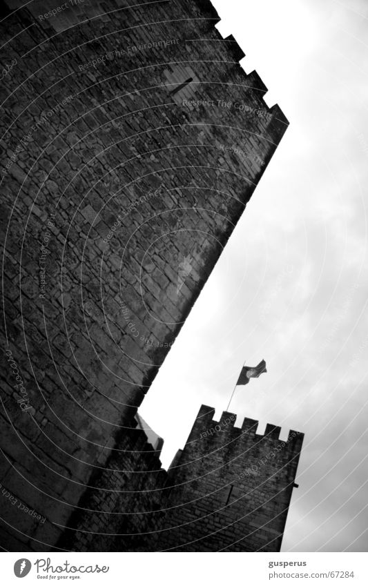 antiquity Masonry Old times Flag Defensive Safety Medieval times Tower Castle Historic Historic Buildings Watch tower Worm's-eye view Black & white photo