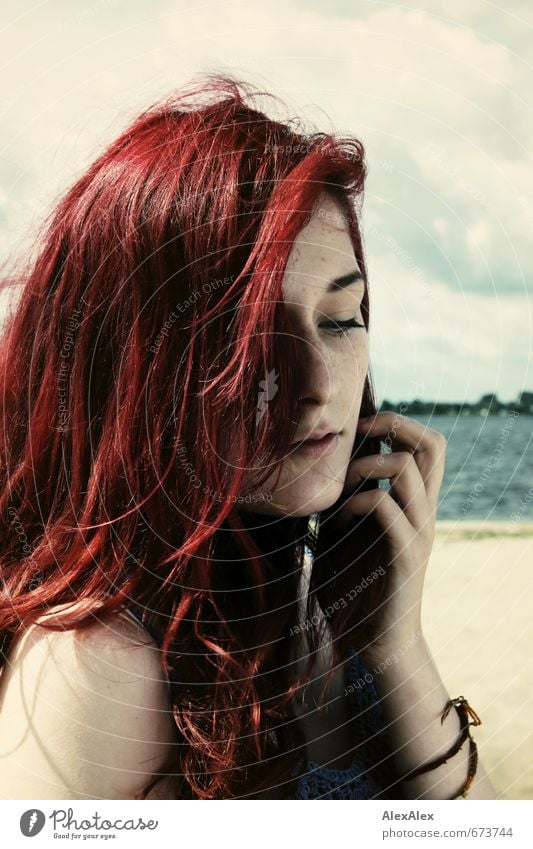 beach girl Vacation & Travel Beach Young woman Youth (Young adults) Hair and hairstyles Face Hand Freckles 18 - 30 years Adults River bank Red-haired