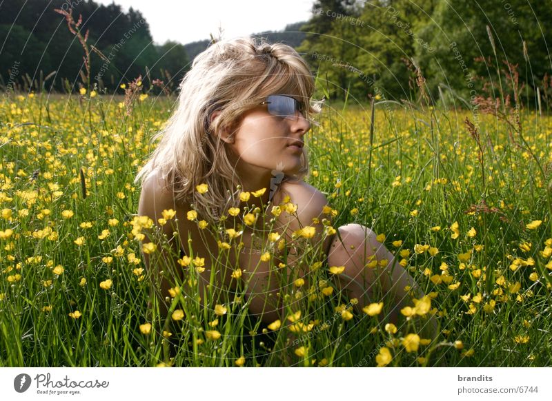 Nude in the green 1 Woman Meadow Flower Sunglasses Blonde
