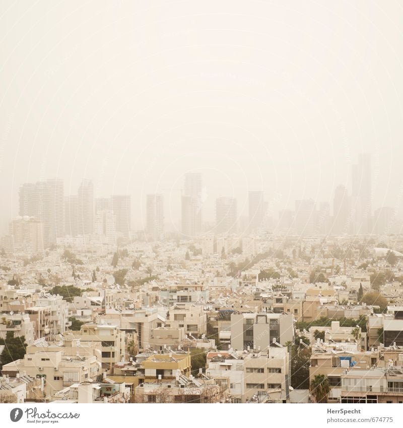 Sandstorm over Tel Aviv Sky Bad weather Fog Israel Town Downtown Skyline House (Residential Structure) High-rise Bank building Exceptional Threat Yellow White