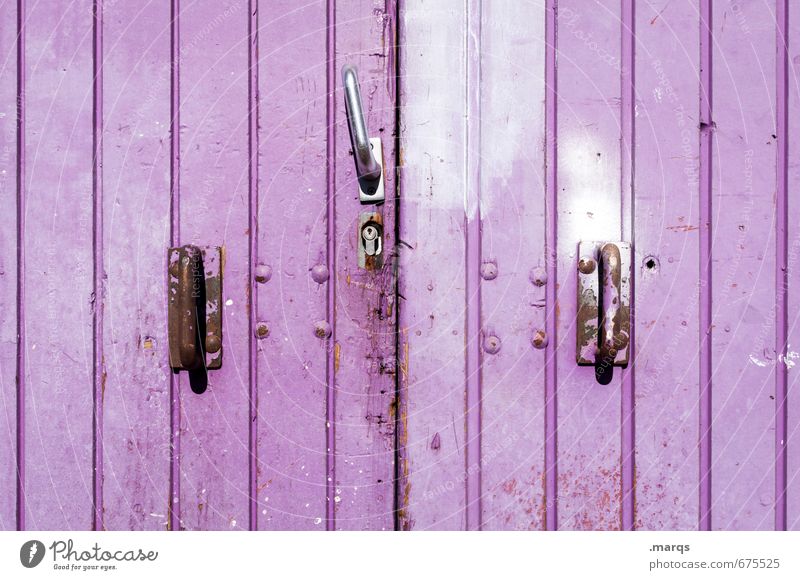 gate Door Gate Door lock Lever Line Old Simple Violet Colour Safety Closed Colour photo Exterior shot Close-up Structures and shapes Deserted Copy Space left