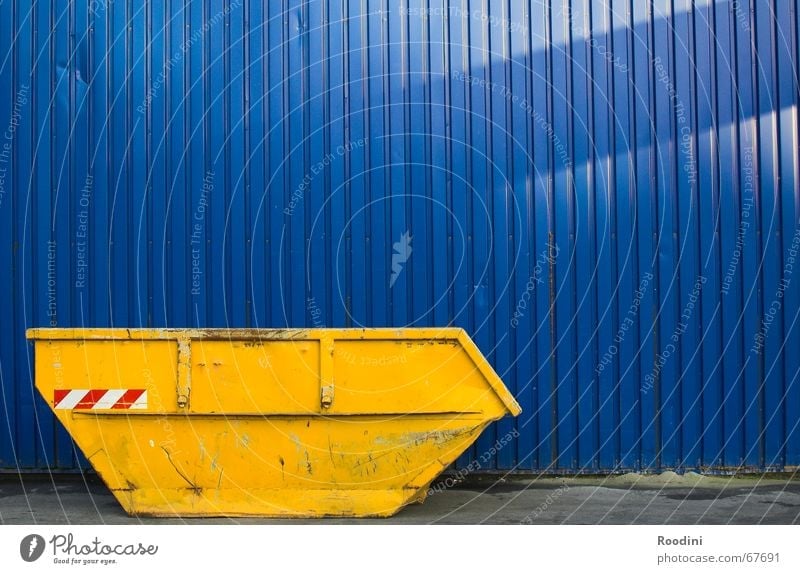 container Yellow Building rubble Trash Dismantling Construction site Scrap metal Scrapyard Collection Blue Container Dirty Metal Industrial Photography