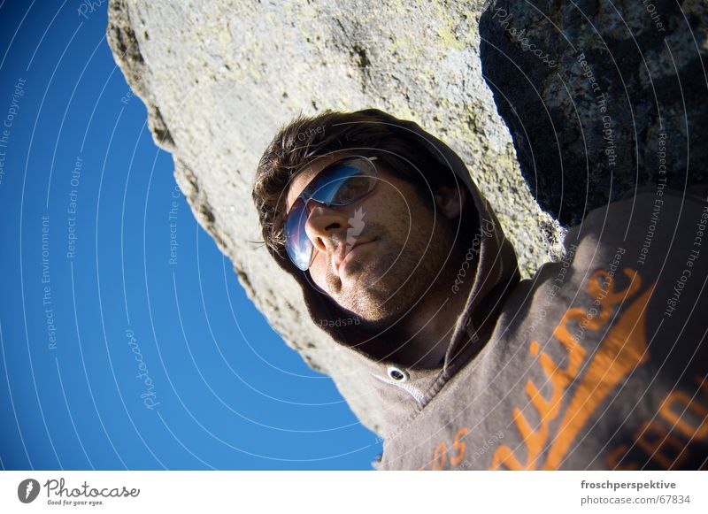 scandinavian summer Man Self portrait Sunbathing To enjoy Vantage point Summer Sky Rock Blue sunglasses hoodie Designer stubble 5-day beard