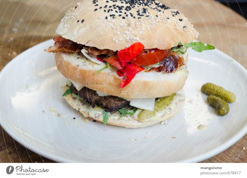 hamburger round piece warm. Meat Lettuce Salad Roll Tomato Hamburger Goat`s cheese Gherkin Sesame Meat loaf Nutrition Organic produce Vegetarian diet Fast food