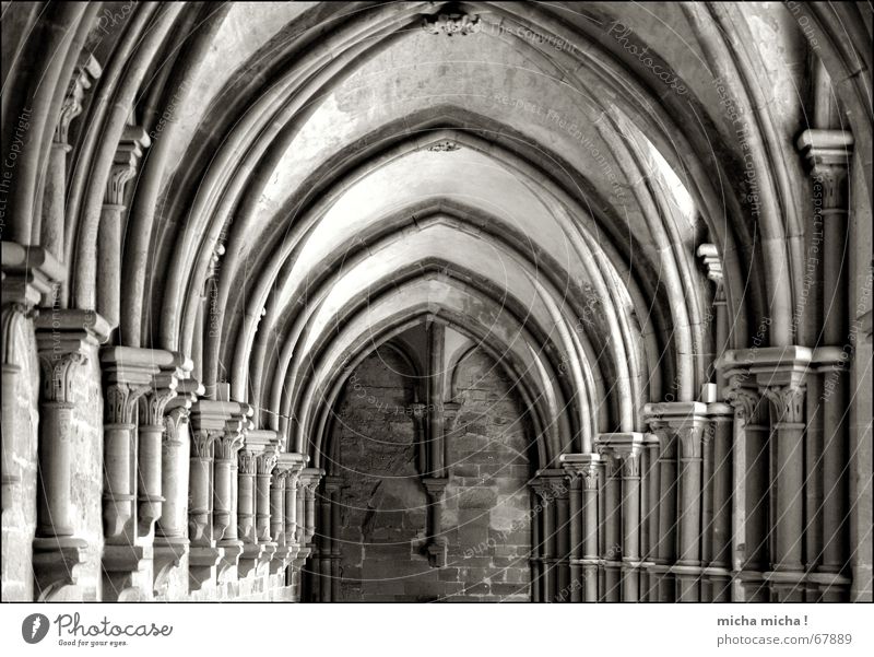 In the middle lies the silence Calm Maulbronn monestary Relaxation Prayer Symmetry Middle Monastery Black & white photo Arcade Arch Column
