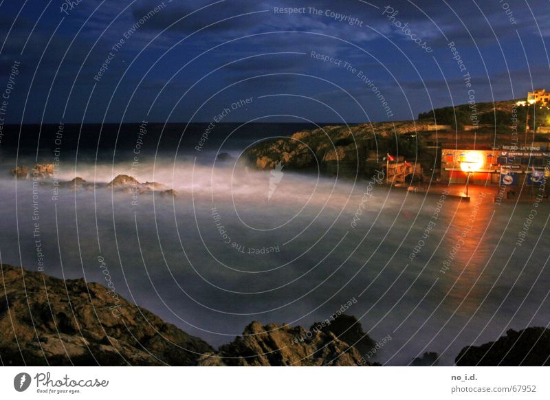 night swell Night Dark Surf Waves Majorca Bar Moonlight Exterior shot Debauched Agitated Long exposure Night shot Wind strum beach bar Bay Rock