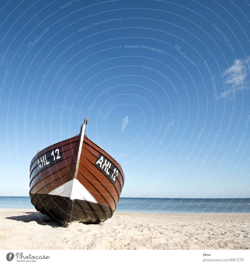 Boat stranded on it l Environment Nature Sand Water Sky Horizon Beautiful weather Coast Beach Baltic Sea Fishing boat Wood Characters Digits and numbers Line