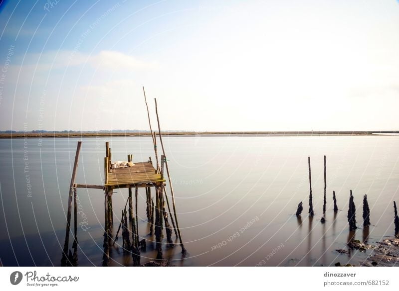 Wooden old pier Calm Vacation & Travel Summer Beach Ocean Nature Landscape Sky Horizon Coast Lake River Bridge Lanes & trails Old Blue Loneliness Mysterious