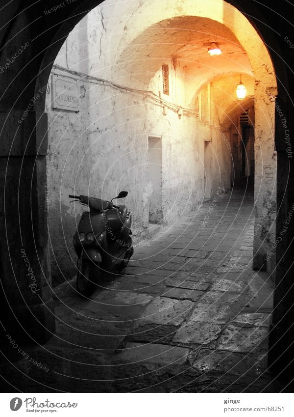 Lights Tunnel Alley Small Romance Black Physics Summer Yellow Cobblestones Lamp Italy Exterior shot Arch side street Bright Scooter Warmth Orange VIA