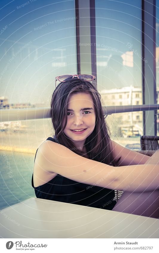 Happy travel portrait Lifestyle Vacation & Travel Tourism Feminine Youth (Young adults) 1 Human being 13 - 18 years Child Athens Passenger ship Harbour Ferry