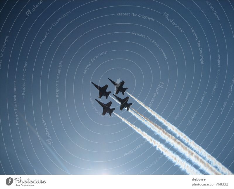 Silhouettes of the Blue Angels flight demonstration squadron on a blue sky over lake Washington. Airplane War Aerobatics Americas blue angels Jet Sky Sun